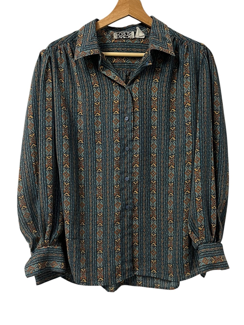 Vintage 80s Regina Porter Southwest Aztec Boho Blouse Women's XL Blue Chiffon